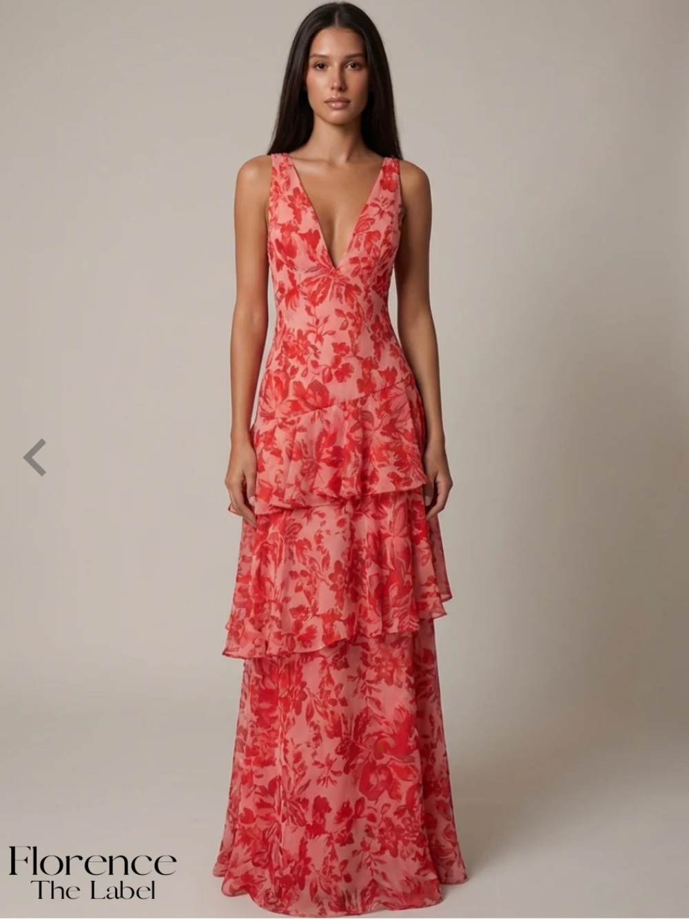 Florence The Label | Pink & Red Floral Tiered V-Neck Maxi Dress